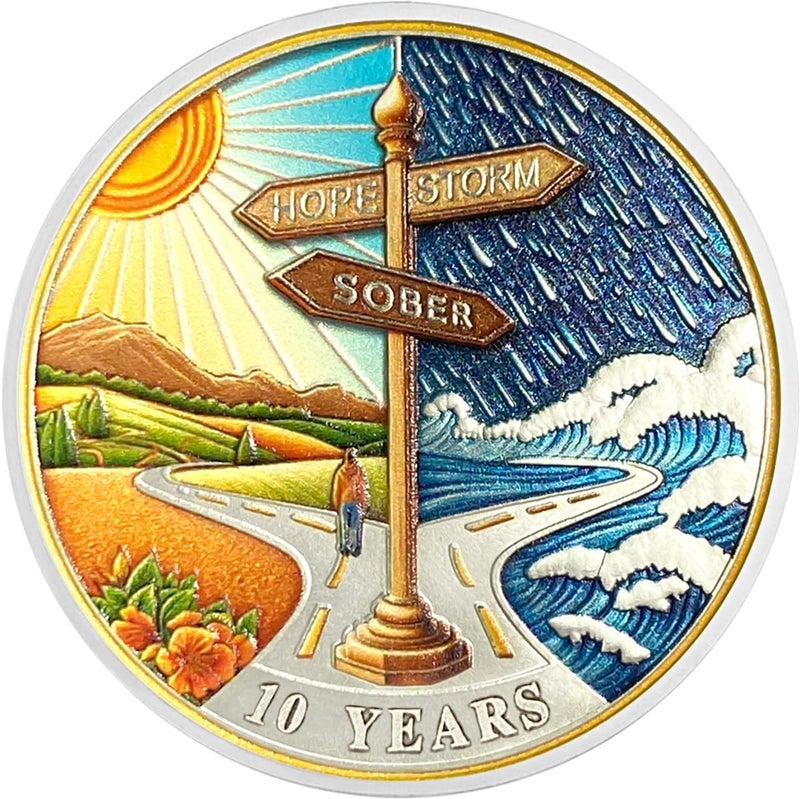Imasoner 10 Year Sobriety Coin Gifts | Road Sign Sobriety AA Coins - HA AA Chip Medallion with Serenity Prayer | Narcotics Alcoholics Anonymous Gifts for Anniversary Year for Men & Women in Recovery - Image 1